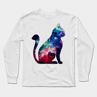 Beautiful Space Nebula Galaxy Cat Silhouette Long Sleeve T-Shirt